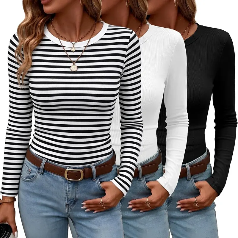 Siyaacg 3 Pack Womens Crew Neck Tops in Black+white+black White