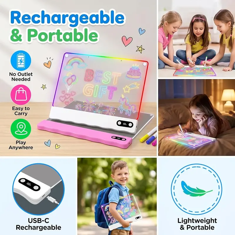 Skoiuc Rechargeable Light Up Drawing Toy – Built-in rechargeable battery, no constant plug-in required