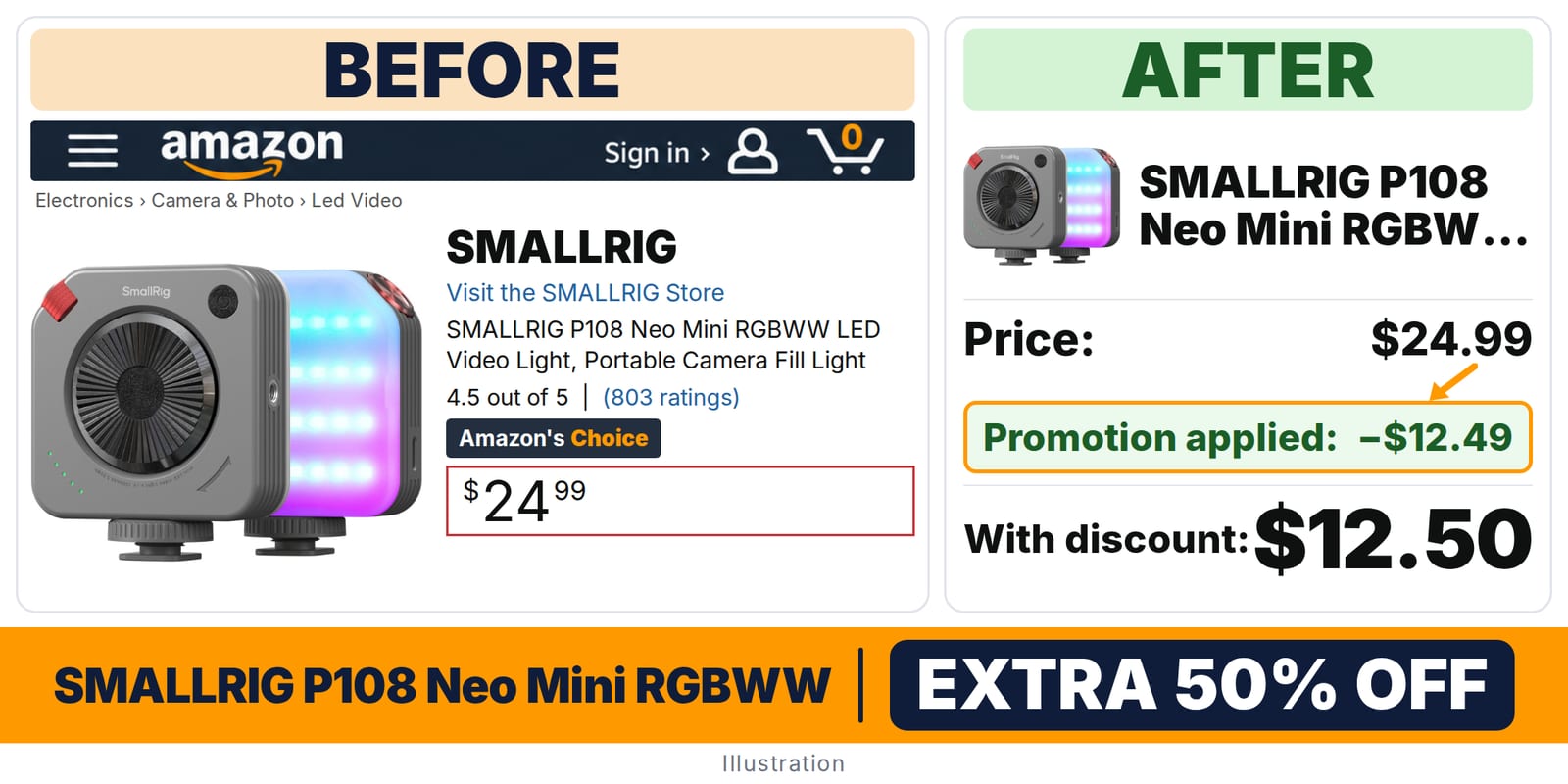 SMALLRIG P108 Neo Mini RGBWW LED Video deal: before and after – promo code JHHKS3O9, 50% off on Amazon