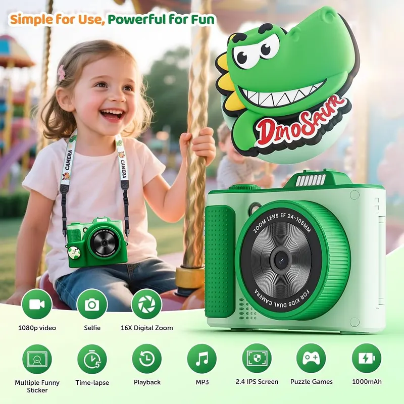 SnapMem Kids Camera Green – Flip screen for selfies