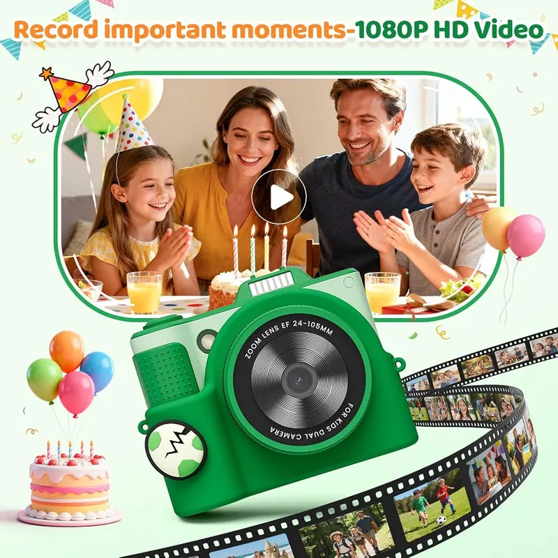 SnapMem Kids Camera Green – Silicone case and lanyard