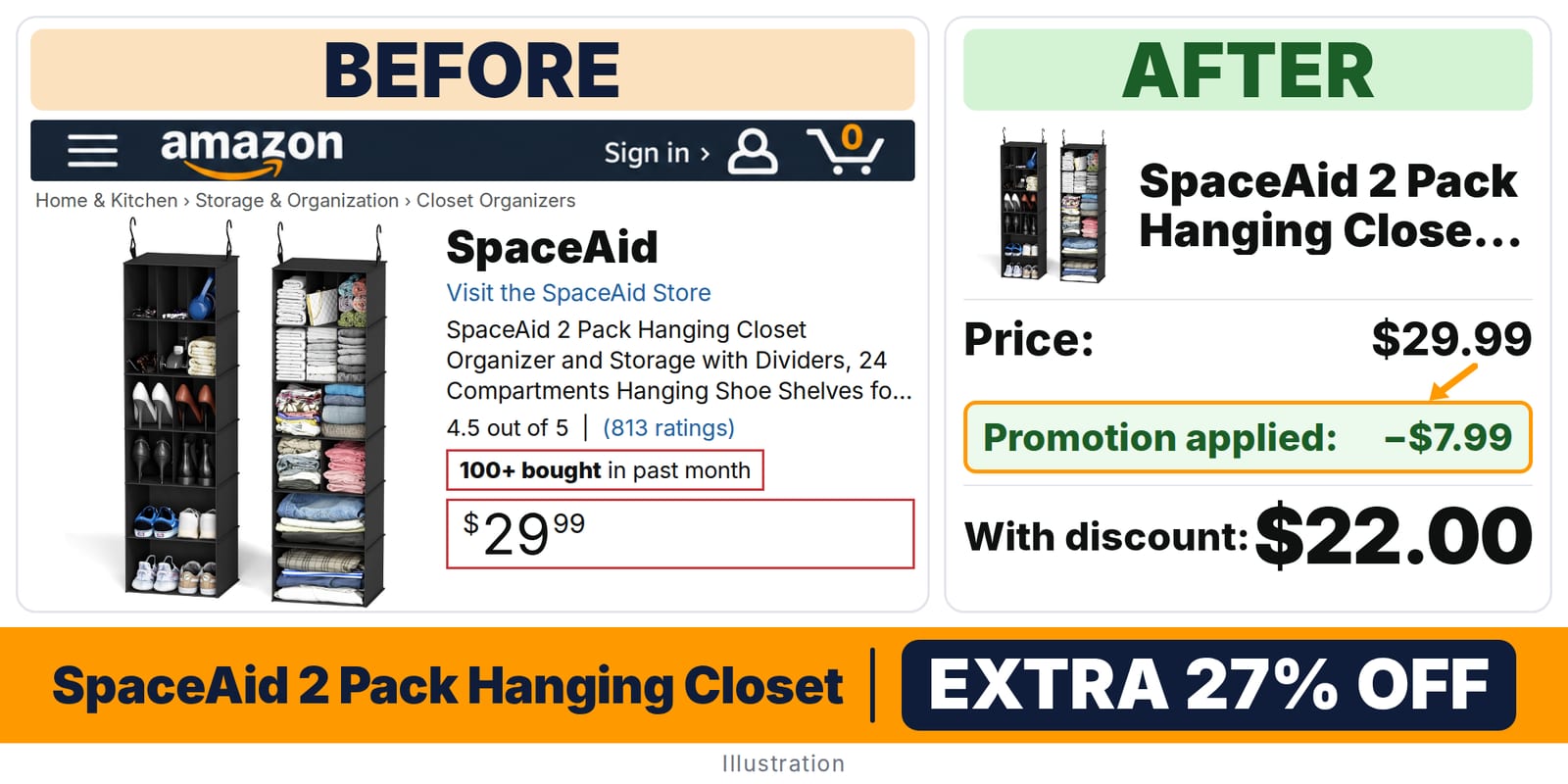 SpaceAid 2 Pack Hanging Closet Organizer deal: before and after – promo code ALLOTHERS12, 27% off on Amazon