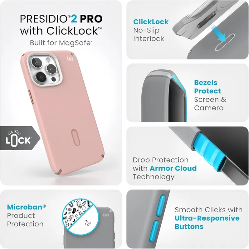 Speck iPhone 15 Pro Max Case Presidio2 Pro – Built for Magsafe with Clicklock No-Slip Interlock
