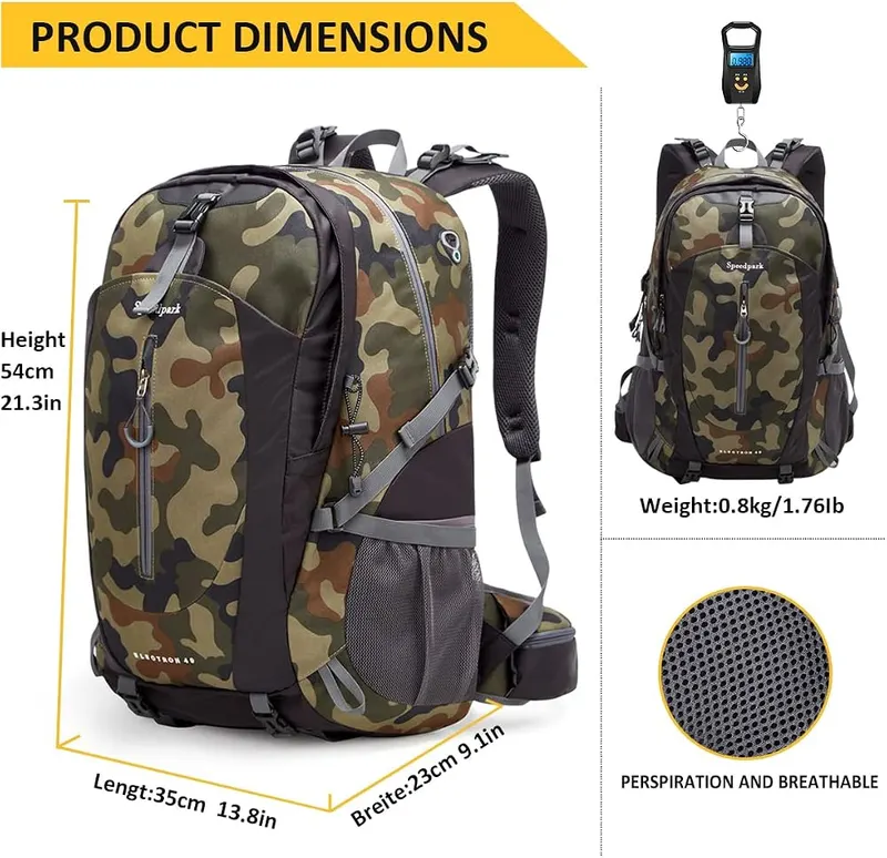 SPEEDPARK 40L Hiking Backpack Camo – 40L capacity daypack