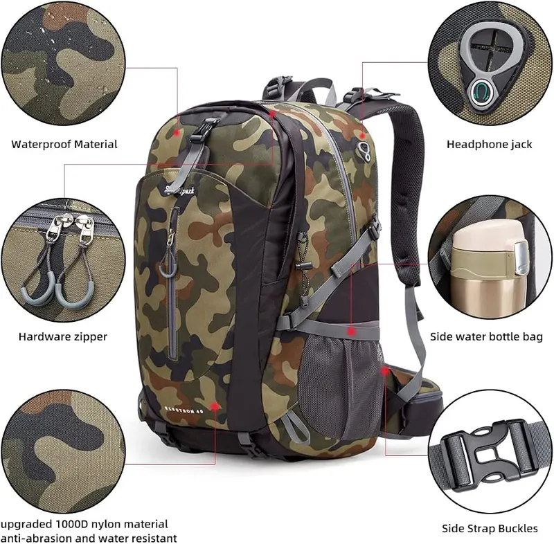 SPEEDPARK 40L Hiking Backpack Camo – Included rain cover
