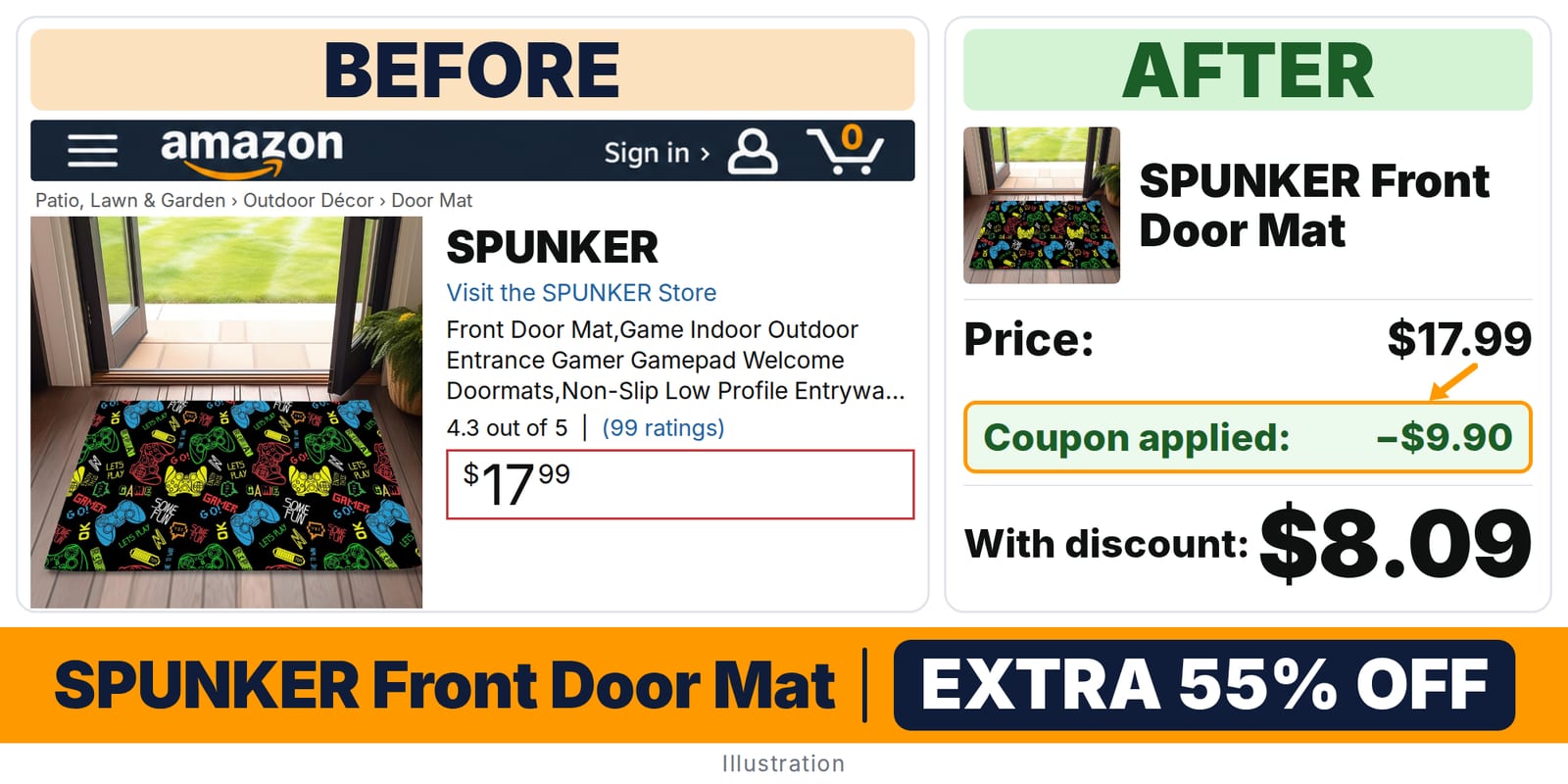 SPUNKER Front Door Mat deal: before and after – 55% off on Amazon