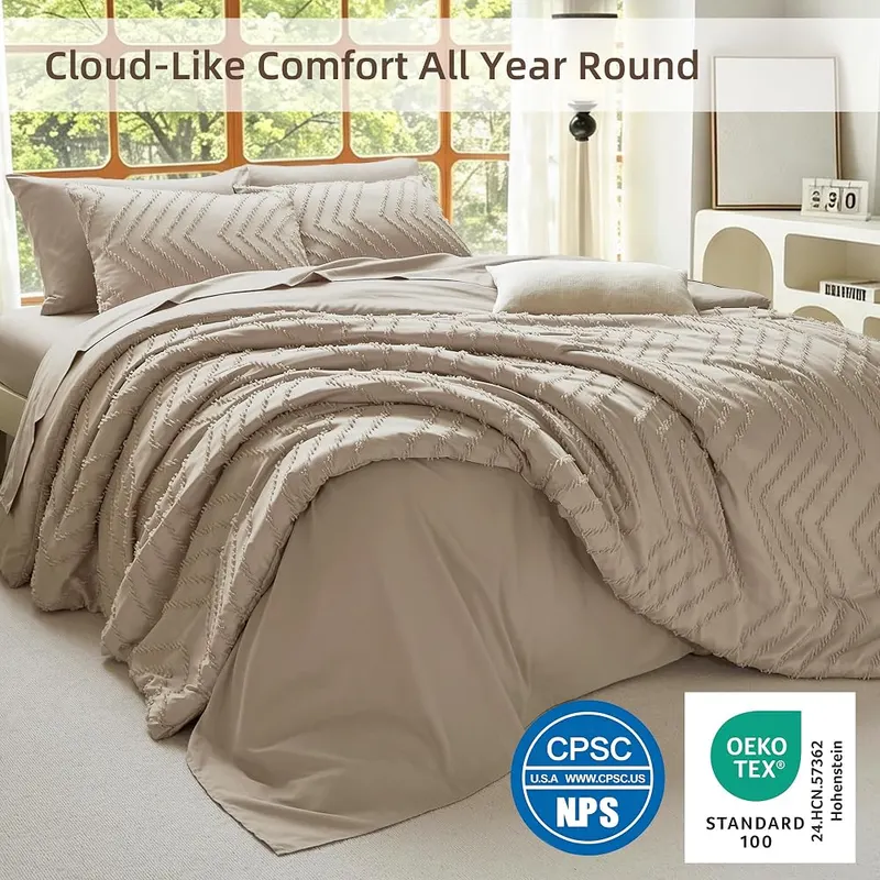Suncomfy Boho Tufted Wave Comforter Set Queen – Stylish khaki tufted wave pattern