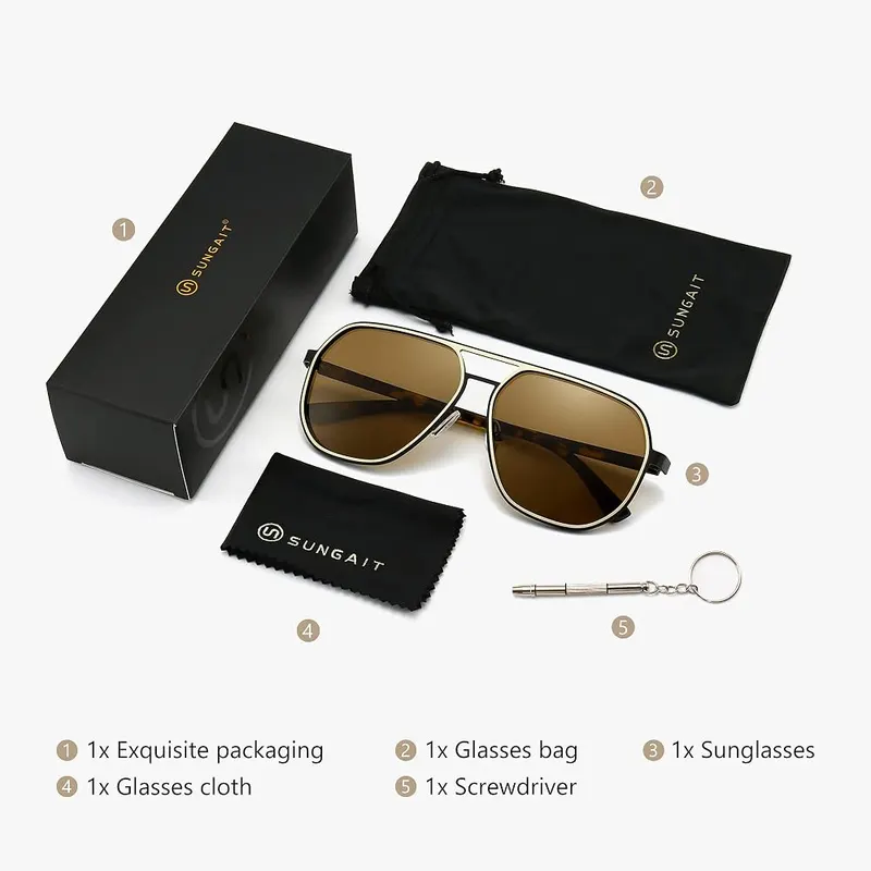 SUNGAIT Polygon Aviator Sunglasses – Oversized lenses with modern look