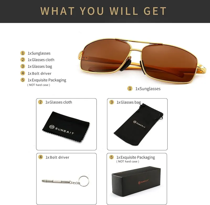 SUNGAIT Ultra Lightweight Rectangular Polarized Sunglasses Men – Gold frame, brown lens