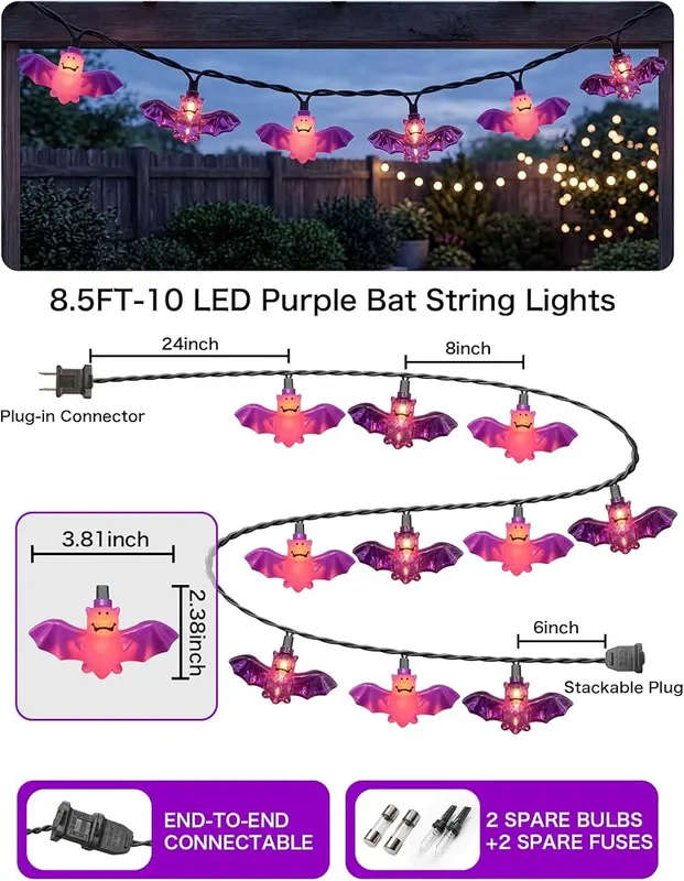 SUNSGNE 8.5FT Purple Bat String Lights – Ten purple LED bats
