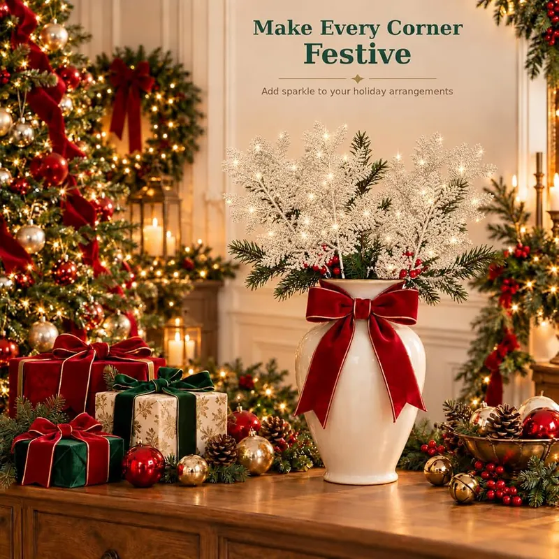SuperAunt Handmade 30 Pcs Christmas Tree Picks Champagne Gold – Flexible for wreaths and garlands