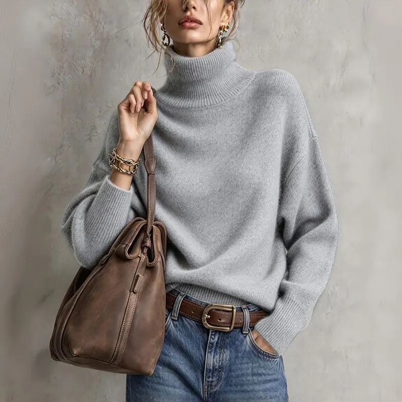 Generic Sweaters for Women Turtleneck Knit Oversized A001-light Gray – product photo 2 of 6