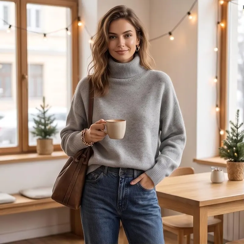 Generic Sweaters for Women Turtleneck Knit Oversized A001-light Gray – product photo 3 of 6