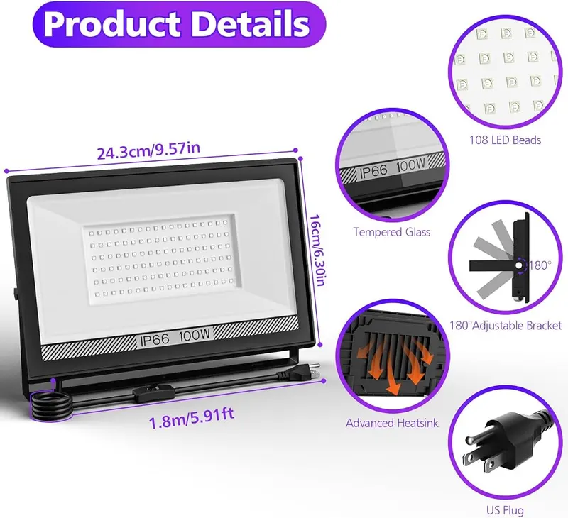 T-SUN 2 Pack 100W LED Black Lights – Multiple versatile mounting installation choices