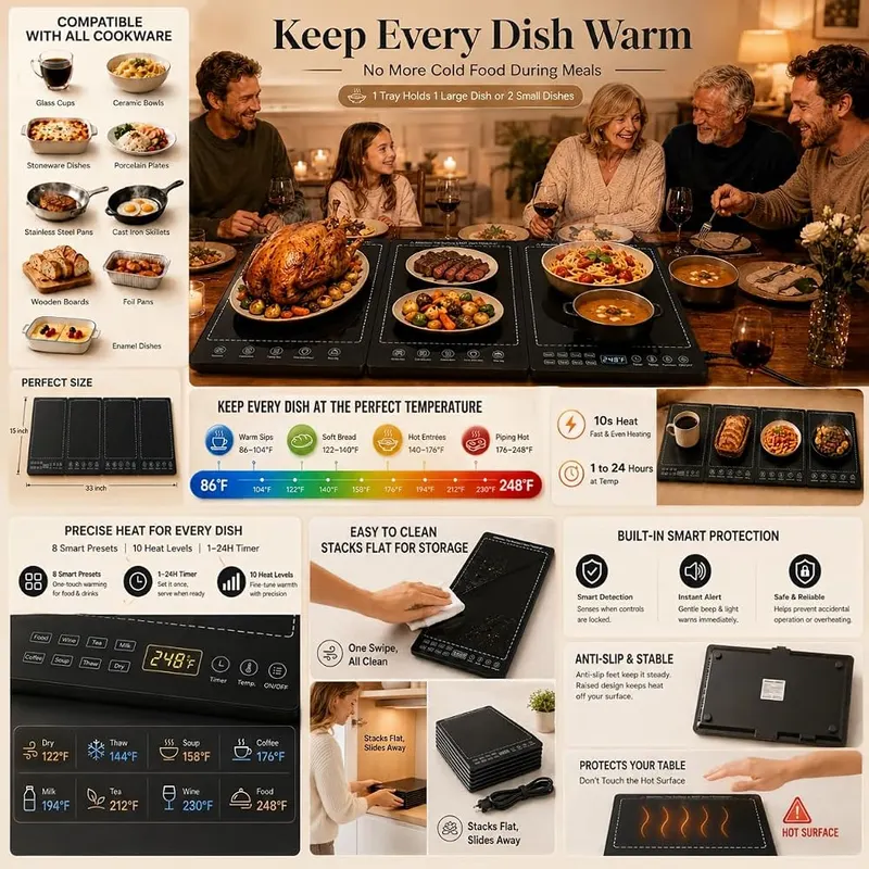 TANDEMRAY 3-in-1 Modular Warming Tray – Three detachable tempered glass panels