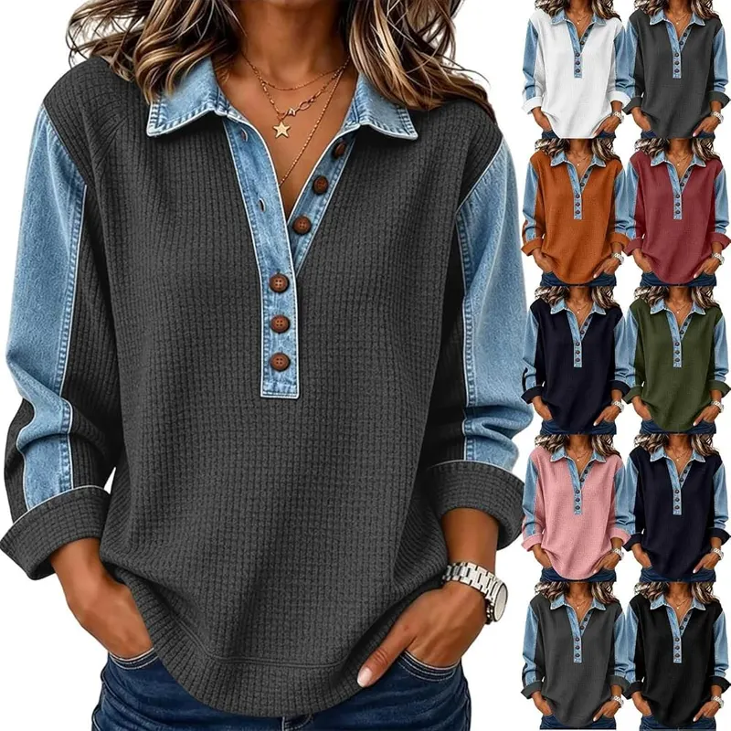 TANGNADE Womens Denim Collar Patchwork Sweatshirt Long in A03-dark Gray