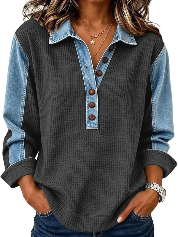 TANGNADE Womens Denim Collar Patchwork Sweatshirt Long – Soft waffle knit texture