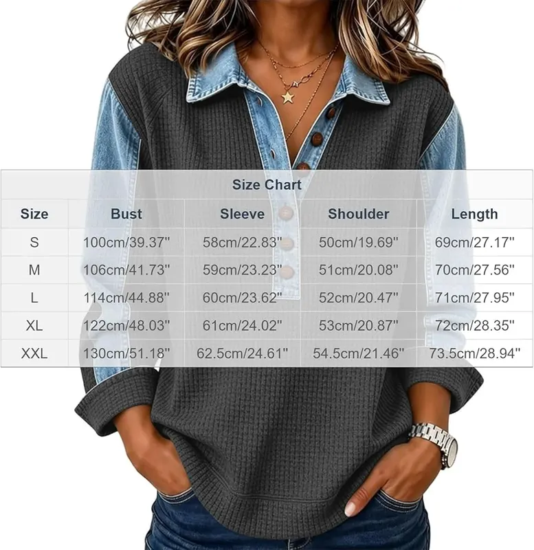 TANGNADE Womens Denim Collar Patchwork Sweatshirt Long – Relaxed everyday fit