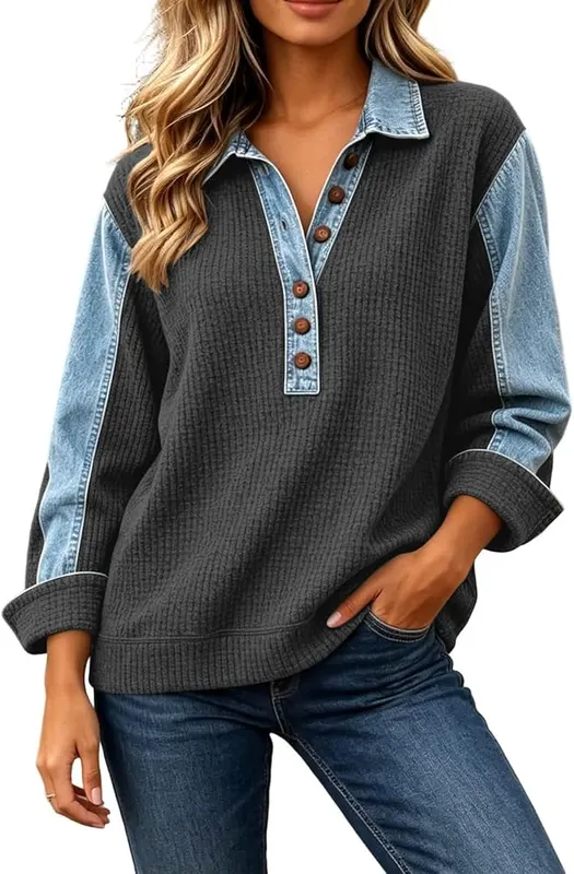 TANGNADE Womens Denim Collar Patchwork Sweatshirt Long – Versatile long sleeve design