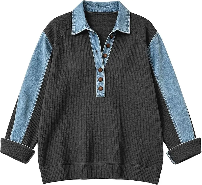 TANGNADE Womens Denim Collar Patchwork Sweatshirt Long – product photo 8 of 8