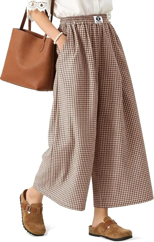 TARSE Womens Wide Leg Gingham Pants Elastic Coffee White Plaid Small in Coffee White Plaid