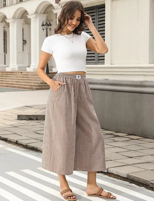 TARSE Womens Wide Leg Gingham Pants Elastic Coffee White Plaid Small – Plaid Wide Leg Capri Pants for Women