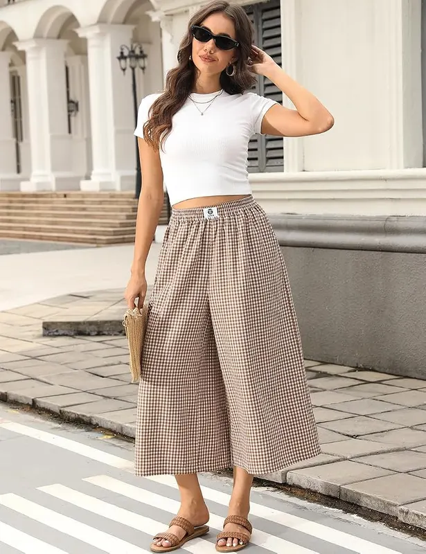 TARSE Womens Wide Leg Gingham Pants Elastic Coffee White Plaid Small – Comfortable Elastic Waist – Featuring an adjustable elastic