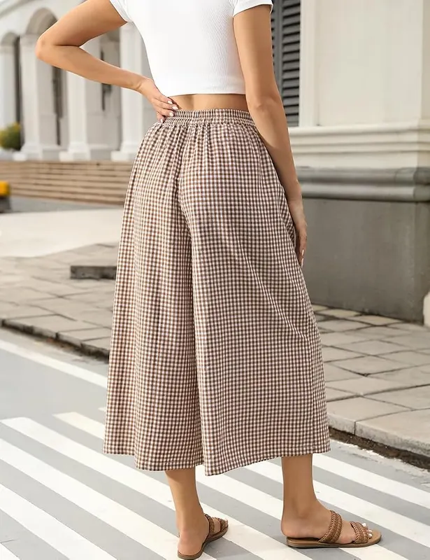 TARSE Womens Wide Leg Gingham Pants Elastic Coffee White Plaid Small – Functional Side Pockets – Two deep pockets add