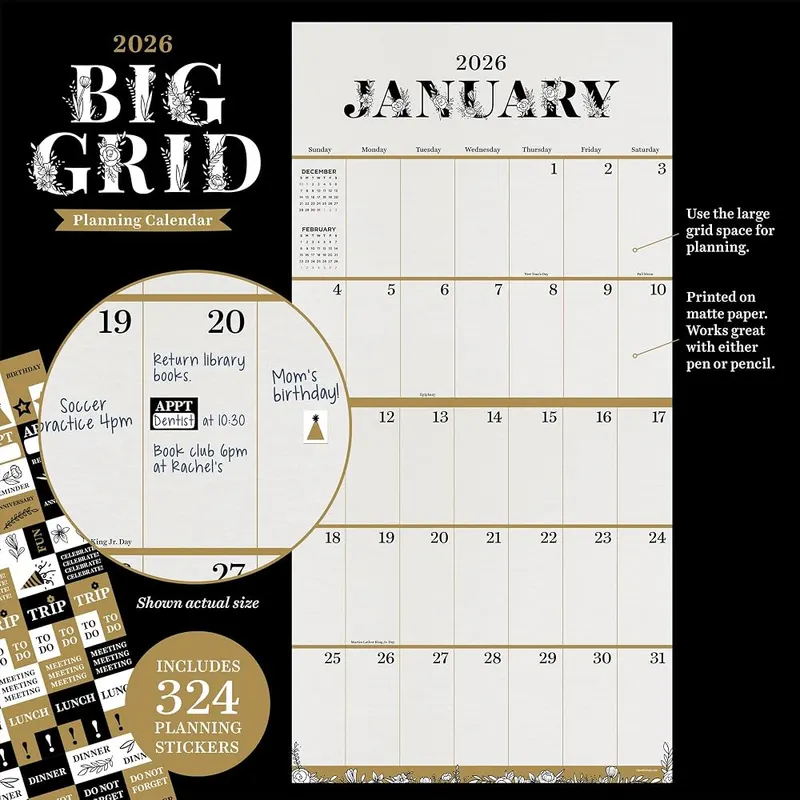 TF Publishing 2026 Big Grid-Floral Wall Calendar – Straightforward Design
