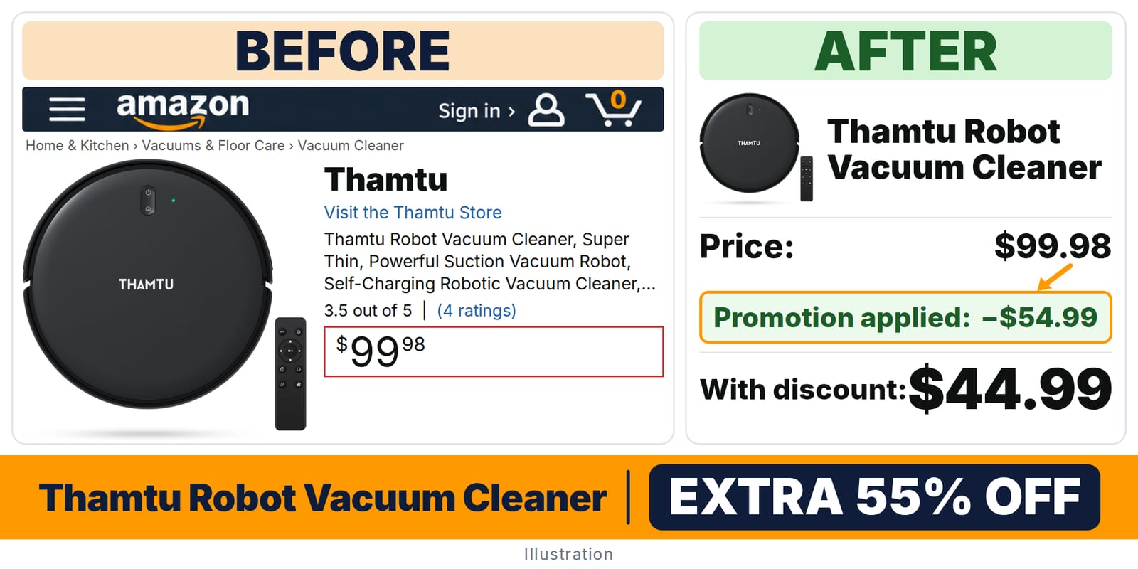 Thamtu Robot Vacuum Cleaner deal: before and after – promo code SUJSW9AD, 55% off on Amazon