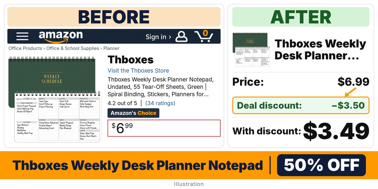 Thboxes Weekly Desk Planner Notepad deal: before and after – 50% off on Amazon