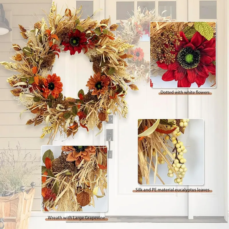 TOKCARE 24 Inch Fall Wreaths – Silk flowers and foliage
