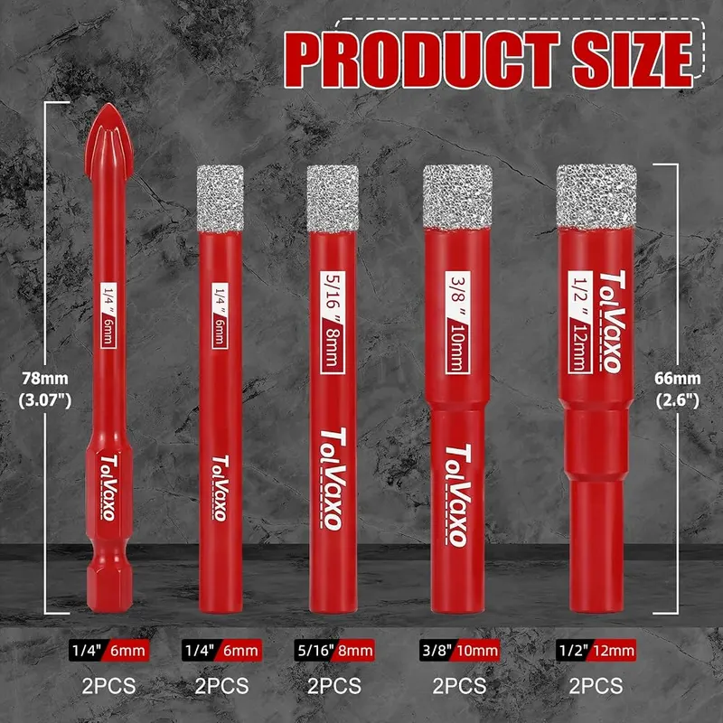 Tolvaxo 10Pcs Dry Diamond Drill Bit Set – Comprehensive 10-Piece Diamond Drill Bit Set