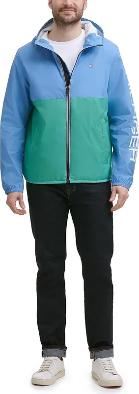Tommy Hilfiger Men’s Lightweight Active Water Resistant Hooded Large in Pastel Blue/Green Colorblock