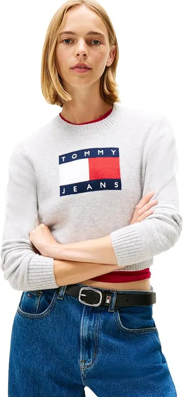 Tommy Jeans Womens Sparkle Flag Sweater in Light Grey Heather