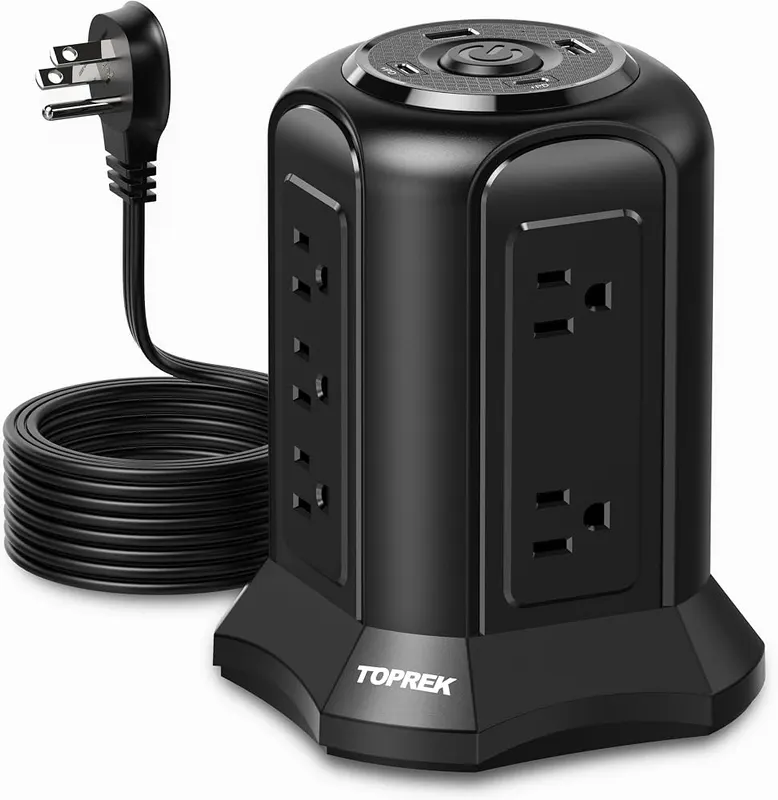 TOPREK Tower Power Strip Surge Protector 2100J in Black