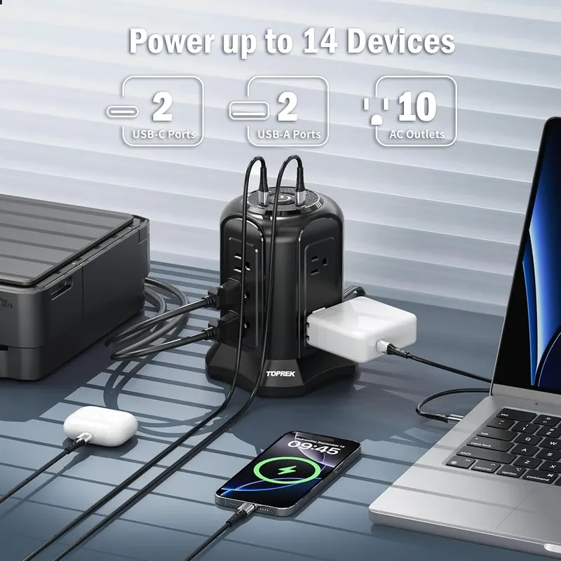 TOPREK Tower Power Strip Surge Protector 2100J – Ten AC outlets on a tower