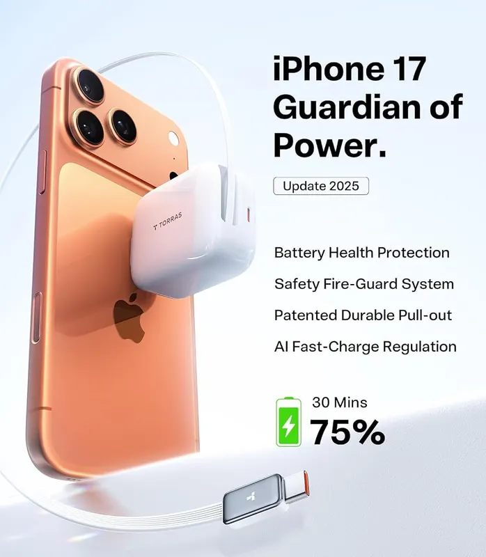 TORRAS iPhone 17 67W Charger – Retractable USB-C cable design