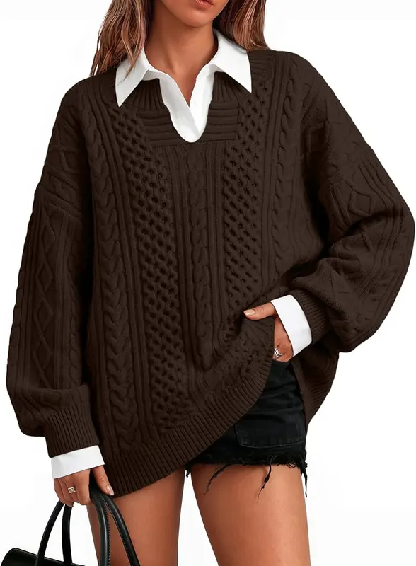 Trendy Queen Oversized Cable Knit Sweaters in Brown