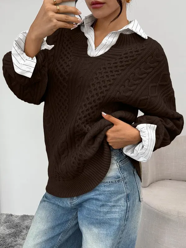Trendy Queen Oversized Cable Knit Sweaters – V neckline design