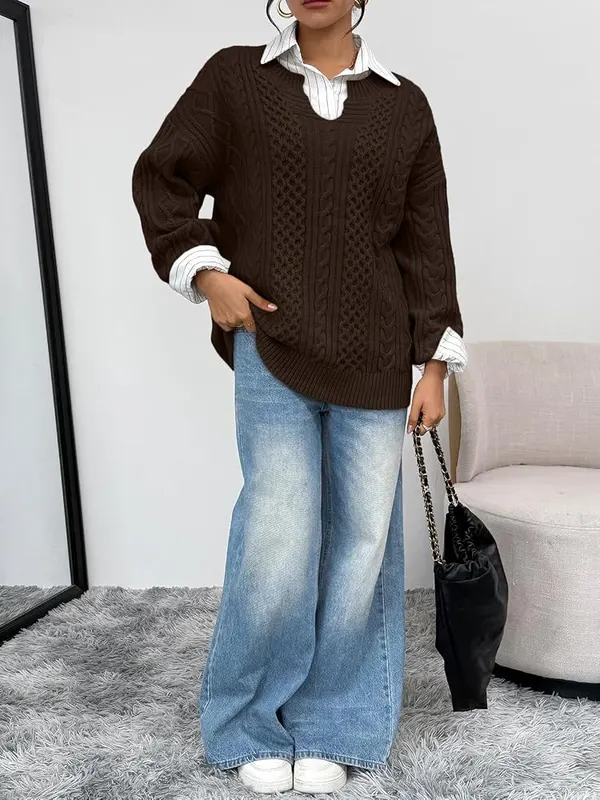 Trendy Queen Oversized Cable Knit Sweaters – Brown color in Medium