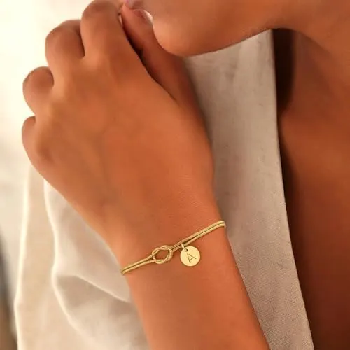 Turandoss 14K Gold Plated Initial A-Z Bracelets – Love knot snake chain design