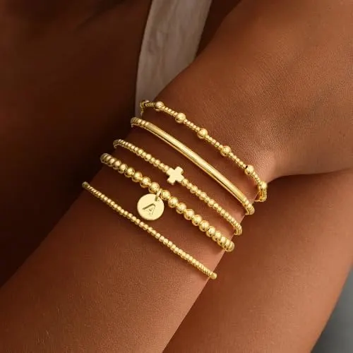 Turandoss Gold Cross Bead Bracelets Sets – Layered stackable bracelets
