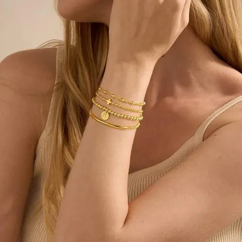 Turandoss Gold Cross Bead Bracelets Sets – Letter initial charm