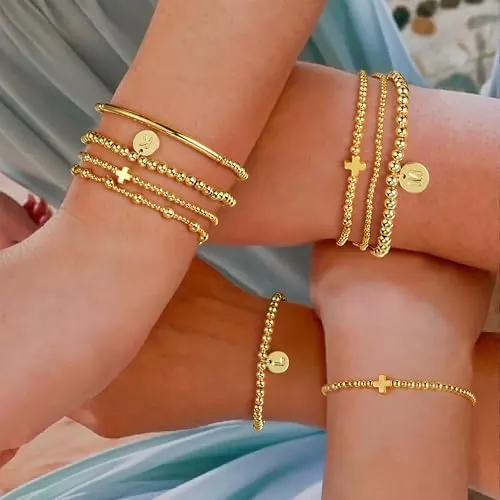 Turandoss Gold Cross Bead Bracelets Sets – Stainless steel material