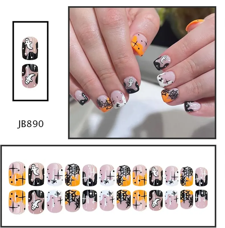 Tyuimhx Halloween Press on Nails Short Square – Halloween Glue on Nails Kit
