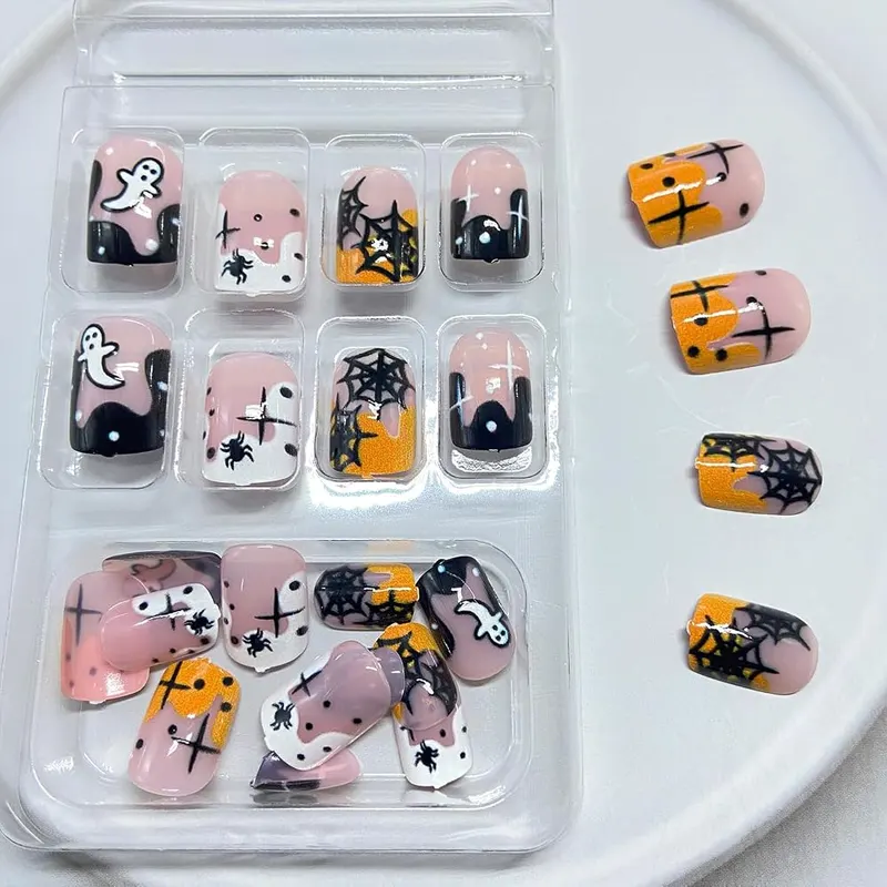 Tyuimhx Halloween Press on Nails Short Square – Halloween Fake Nails as a Gift:Halloween false nails