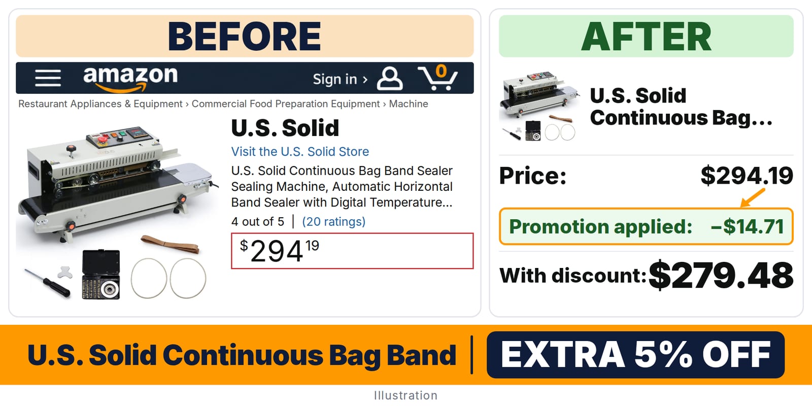 U.S. Solid Continuous Bag Band Sealer Sealing Machine 110V/60HZ deal: before and after – promo code VPIBIW6K, 5% off on Amazon