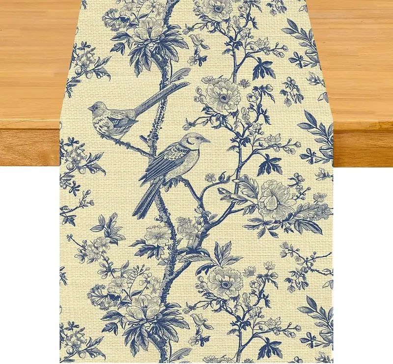 UEQIKI Blue Birds Flowers Table Runner in Blue Birds Flowers