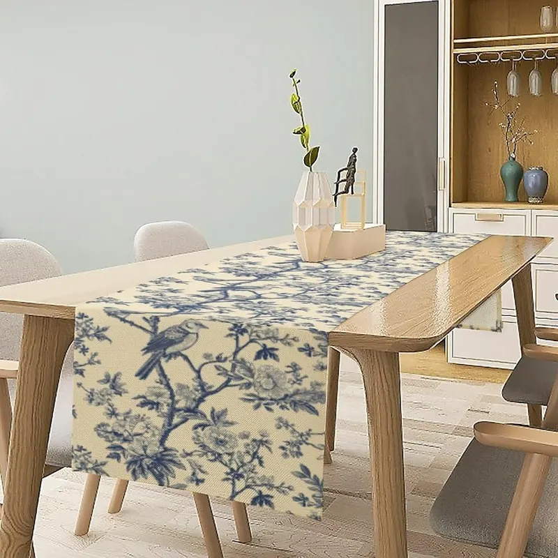 UEQIKI Blue Birds Flowers Table Runner – product photo 2 of 7
